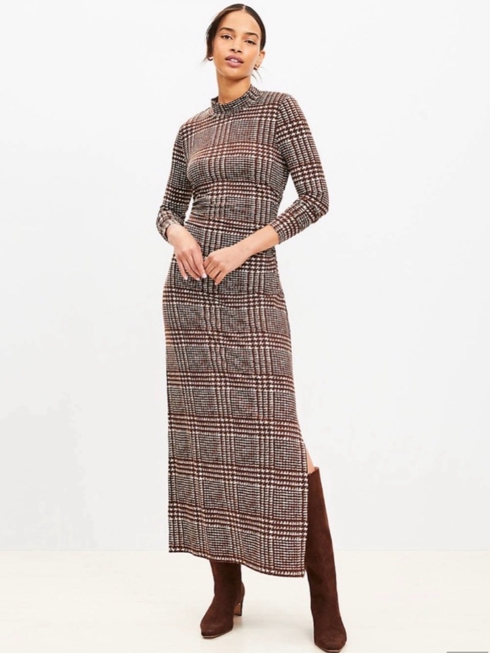 LOFT Houndstooth Mock Neck Midi Dress
